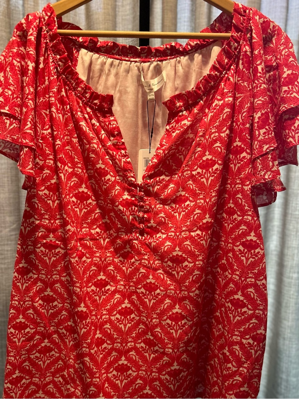 Chelsea & Theodore Red Floral Ruffle-Trim Blouse